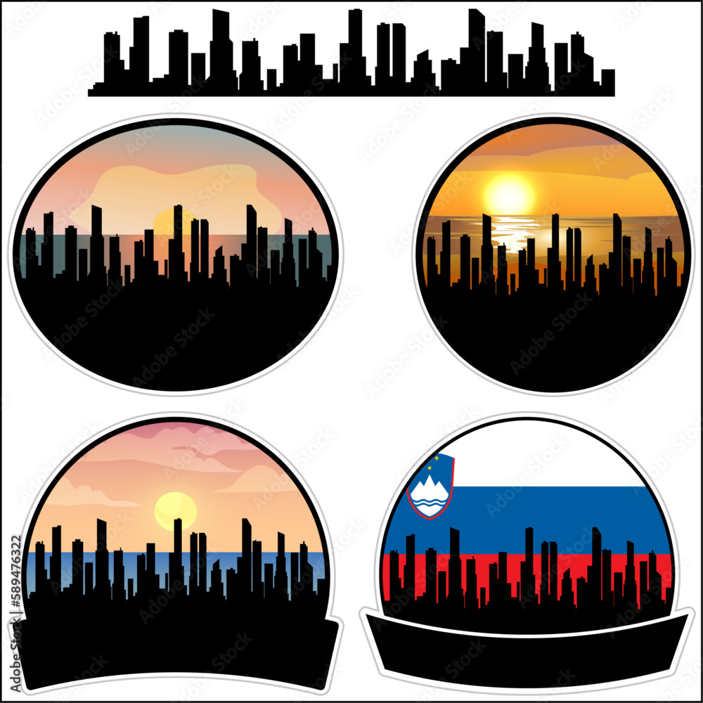 Velenje Skyline Silhouette Slovenia Flag Travel Souvenir Sticker Sunset Background Vector Illustration SVG EPS AI