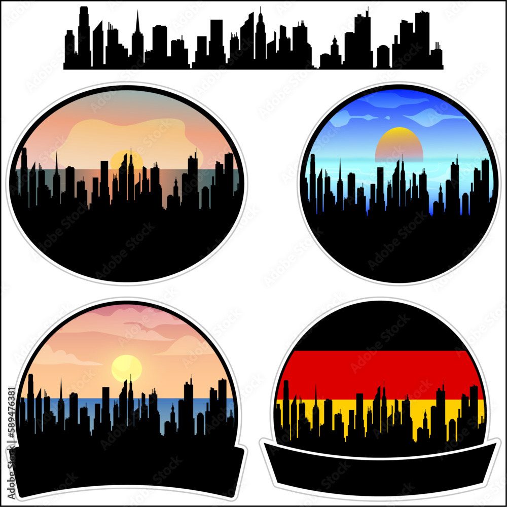 Geretsried Skyline Silhouette Germany Flag Travel Souvenir Sticker Sunset Background Vector Illustration SVG EPS AI