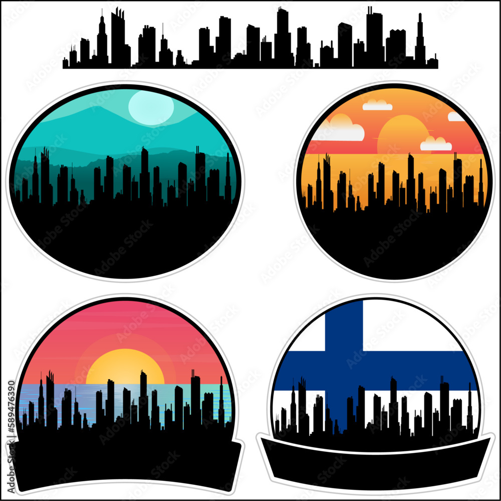 Sastamala Skyline Silhouette Finland Flag Travel Souvenir Sticker Sunset Background Vector Illustration SVG EPS AI