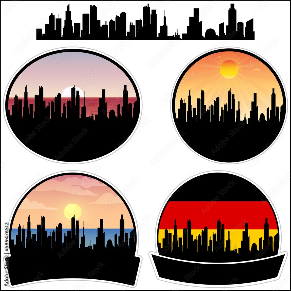 Pfungstadt Skyline Silhouette Germany Flag Travel Souvenir Sticker Sunset Background Vector Illustration SVG EPS AI