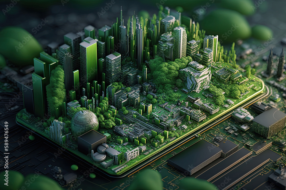 Obraz premium Smart green city on circuit board background. Futuristic cyberspace concept. Generated AI