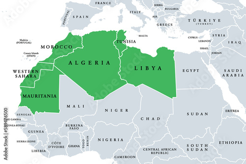 Maghreb, Arab Maghreb or also Northwest Africa, political map. Part of the Arab World, comprising Algeria, Libya, Morocco, Mauritania, Tunisia, Western Sahara and the Spanish cities Ceuta and Melilla.