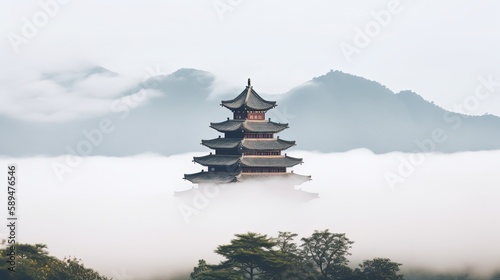 minimalist image of high tower castle or temple against sky, Generative Ai