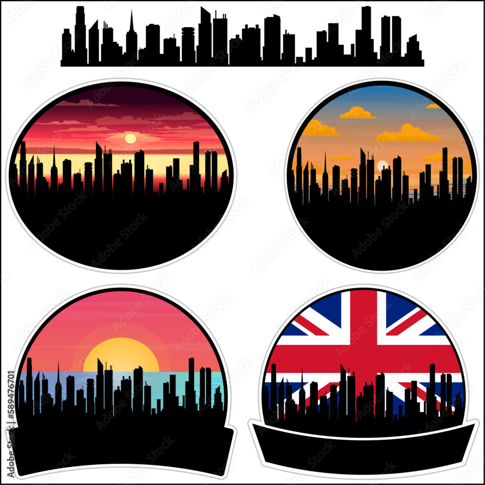 Westhoughton Skyline Silhouette Uk Flag Travel Souvenir Sticker Sunset Background Vector Illustration SVG EPS AI