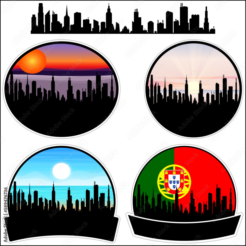 Portalegre Skyline Silhouette Portugal Flag Travel Souvenir Sticker Sunset Background Vector Illustration SVG EPS AI