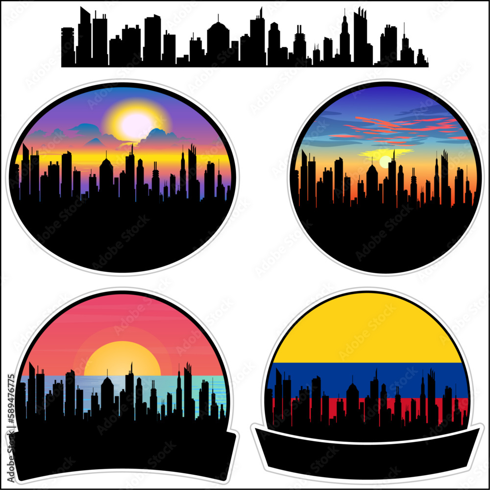 Socorro Skyline Silhouette Colombia Flag Travel Souvenir Sticker Sunset Background Vector Illustration SVG EPS AI