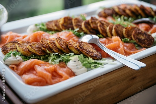 Closeup shot of Mini potato pancakes with salmon