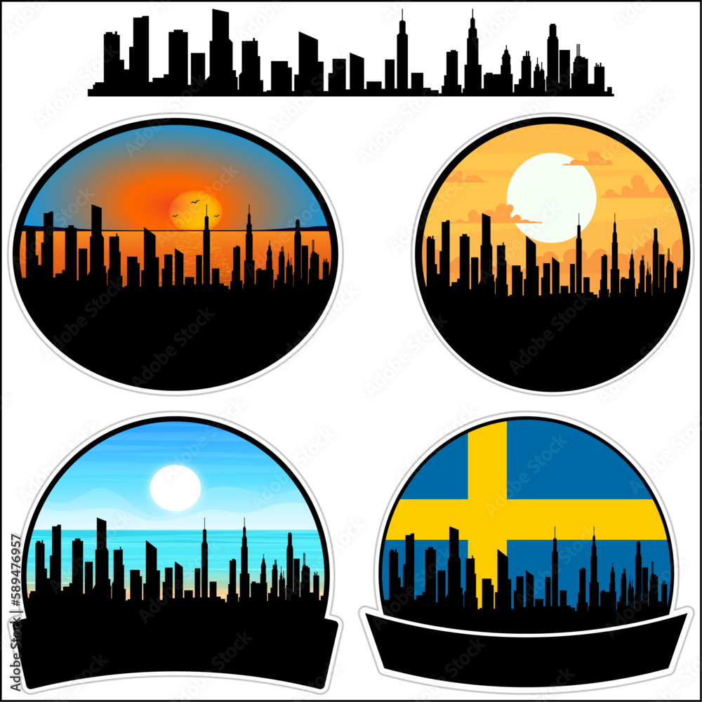 Visby Skyline Silhouette Sweden Flag Travel Souvenir Sticker Sunset Background Vector Illustration SVG EPS AI
