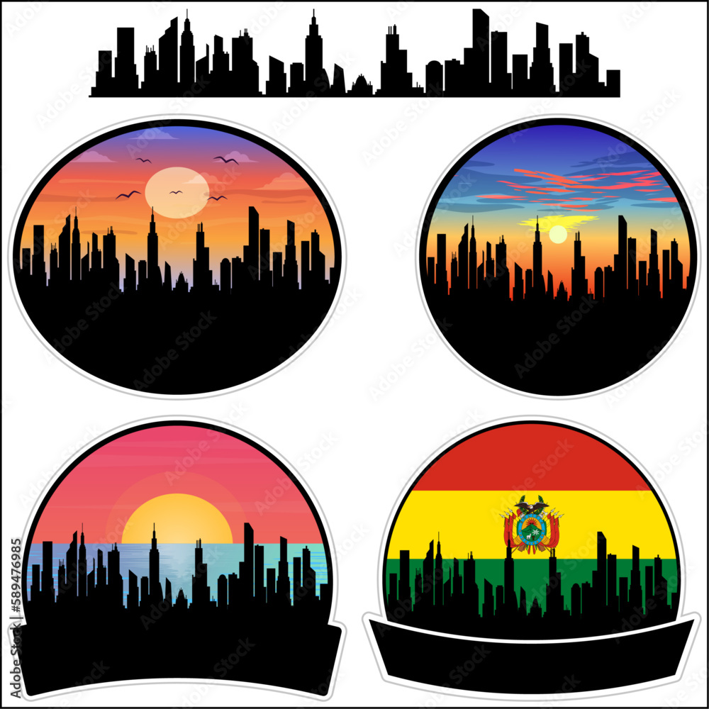 San Borja Skyline Silhouette Bolivia Flag Travel Souvenir Sticker Sunset Background Vector Illustration SVG EPS AI