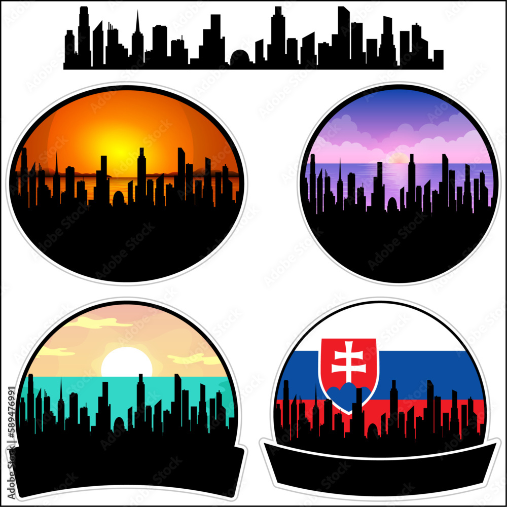 Trebisov Skyline Silhouette Slovakia Flag Travel Souvenir Sticker Sunset Background Vector Illustration SVG EPS AI