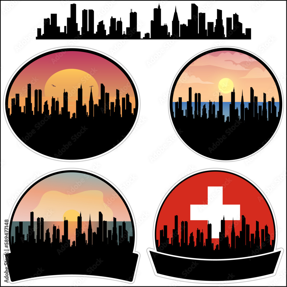 Baar Skyline Silhouette Switzerland Flag Travel Souvenir Sticker Sunset Background Vector Illustration SVG EPS AI