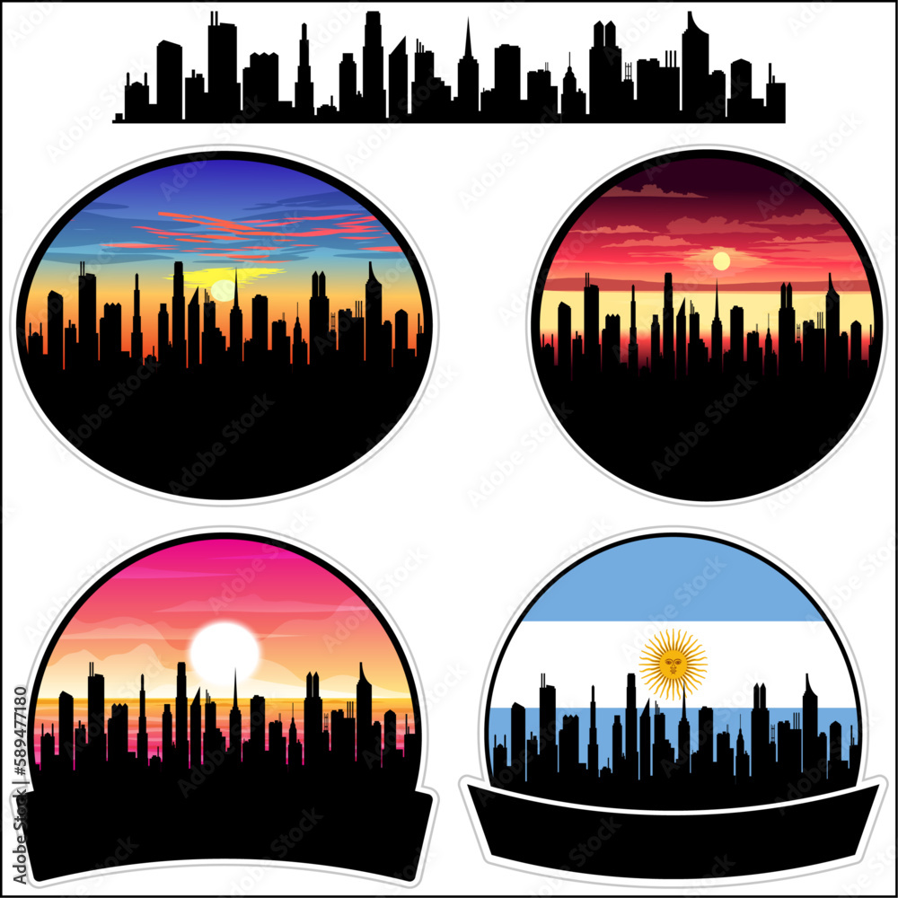 Avellaneda Skyline Silhouette Argentina Flag Travel Souvenir Sticker Sunset Background Vector Illustration SVG EPS AI