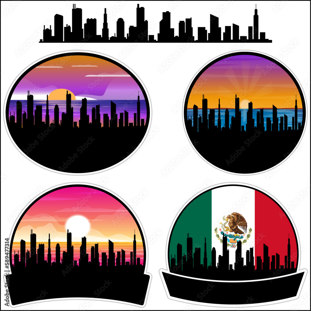 Tecolutla Skyline Silhouette Mexico Flag Travel Souvenir Sticker Sunset Background Vector Illustration SVG EPS AI