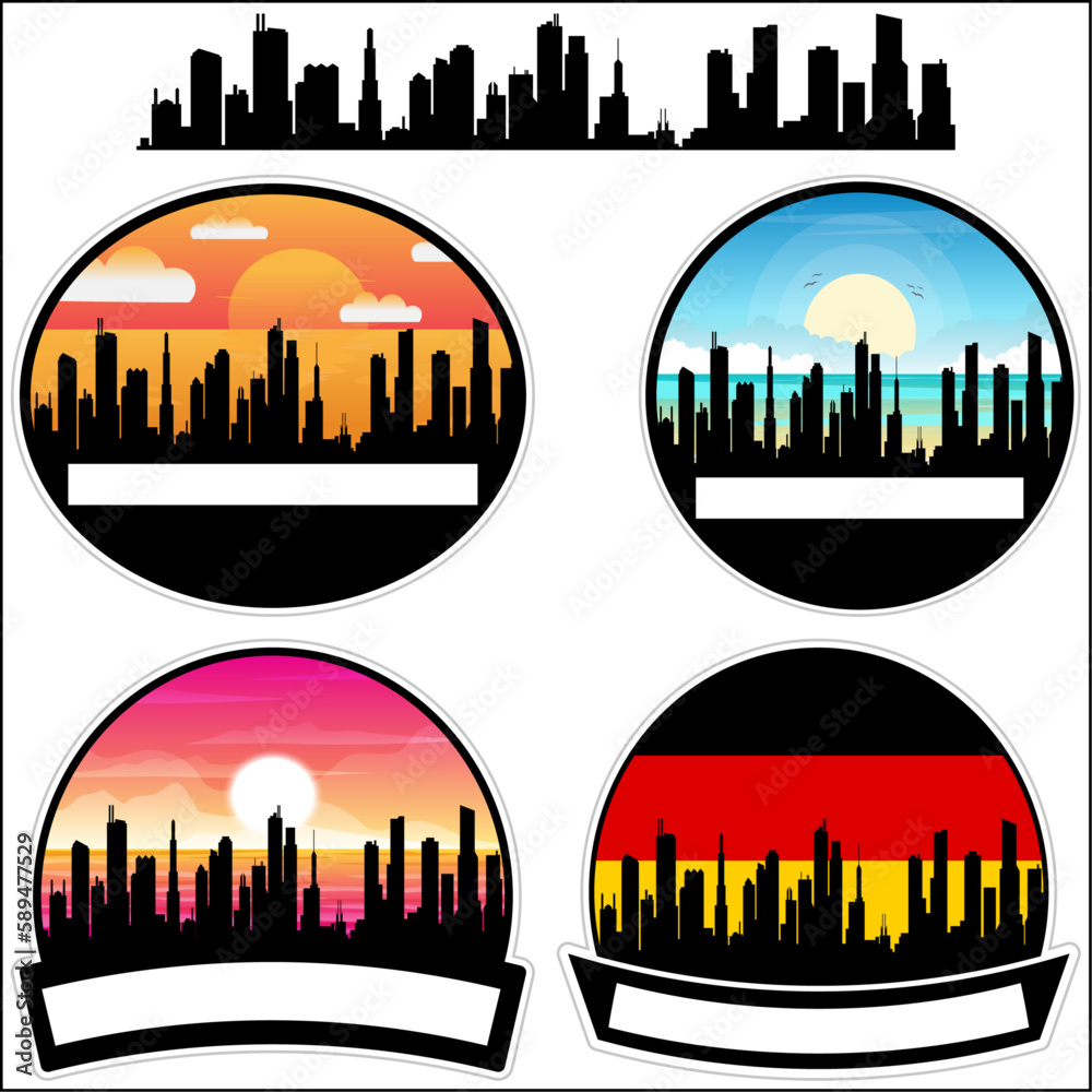 Ubach Palenberg Skyline Silhouette Germany Flag Travel Souvenir Sticker Sunset Background Vector Illustration SVG EPS AI