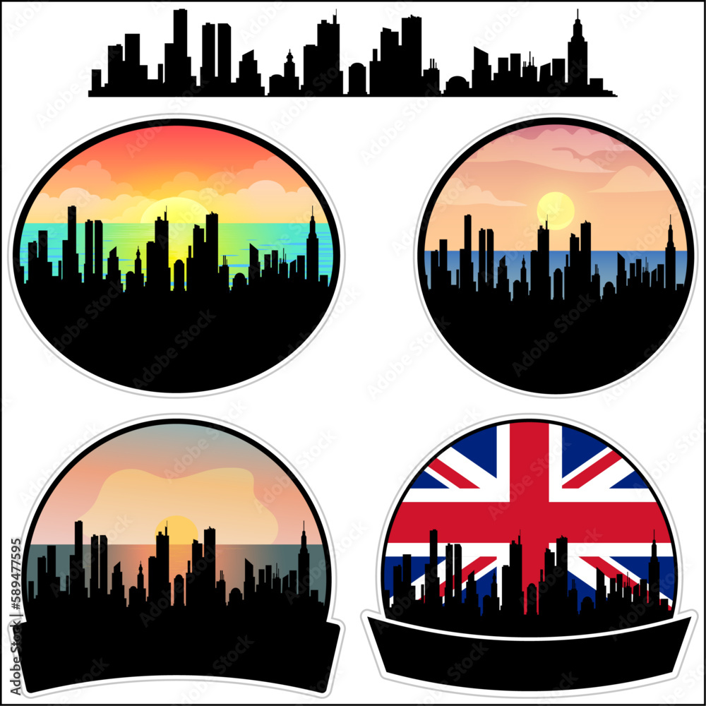 Barnstaple Skyline Silhouette Uk Flag Travel Souvenir Sticker Sunset Background Vector Illustration SVG EPS AI