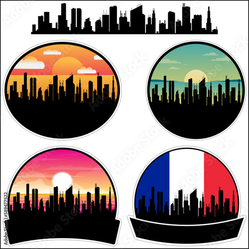Rodez Skyline Silhouette France Flag Travel Souvenir Sticker Sunset Background Vector Illustration SVG EPS AI