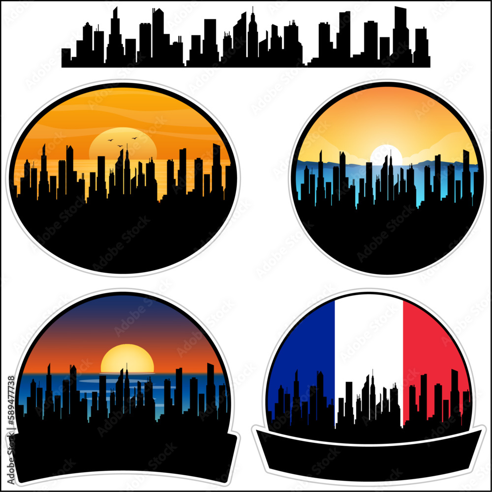 Vernon Skyline Silhouette France Flag Travel Souvenir Sticker Sunset Background Vector Illustration SVG EPS AI