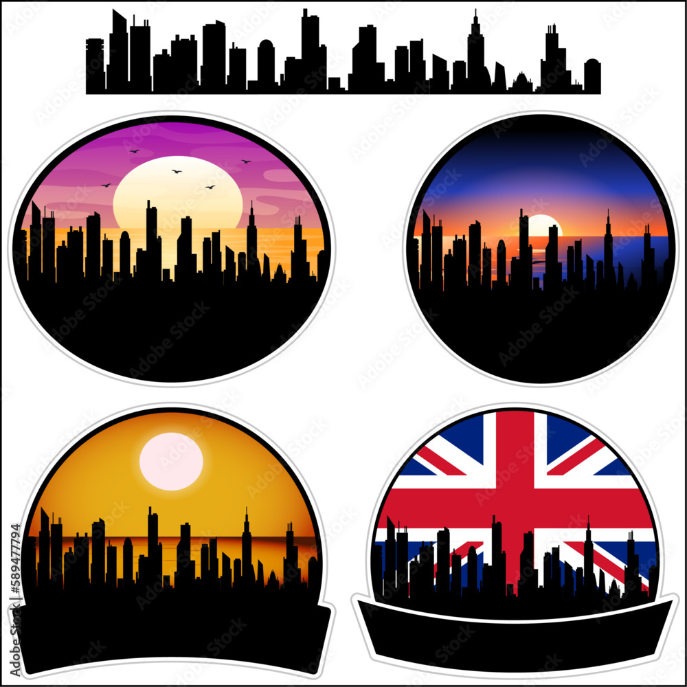 Caversham Skyline Silhouette Uk Flag Travel Souvenir Sticker Sunset Background Vector Illustration SVG EPS AI