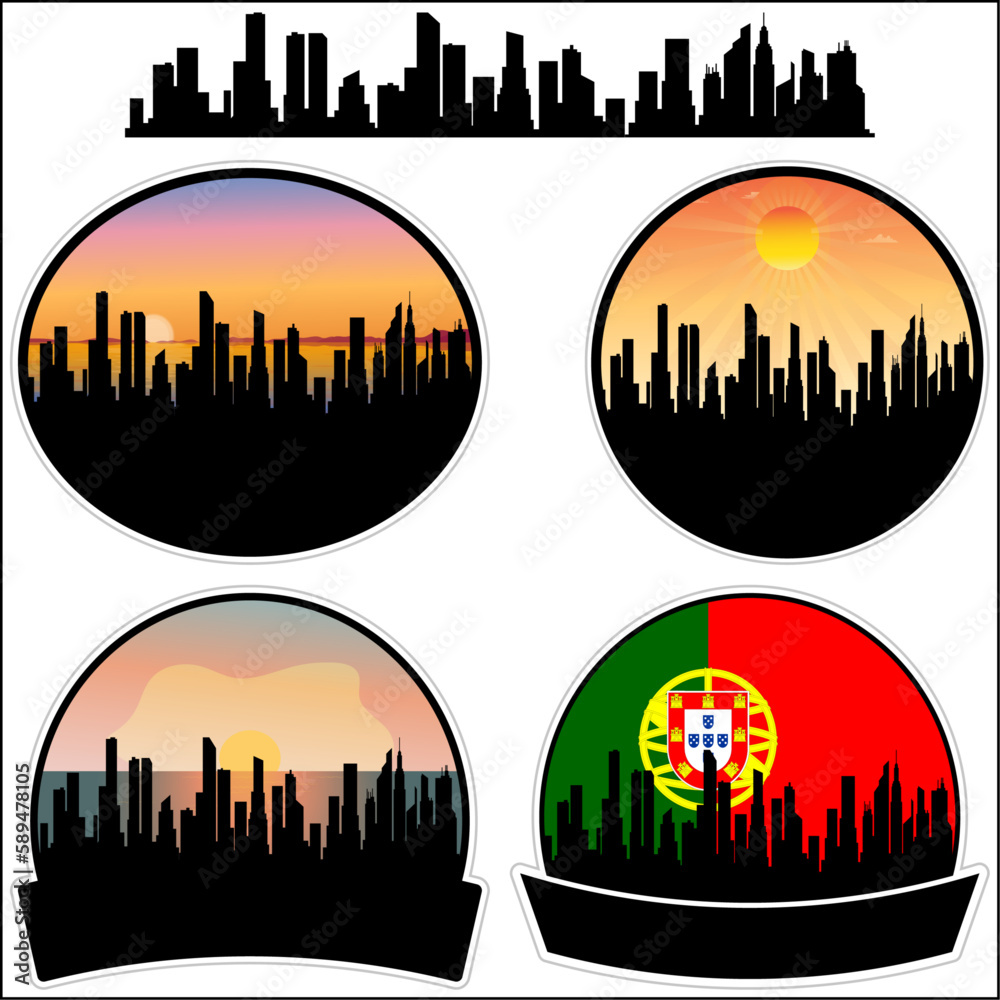 Vizela Skyline Silhouette Portugal Flag Travel Souvenir Sticker Sunset Background Vector Illustration SVG EPS AI