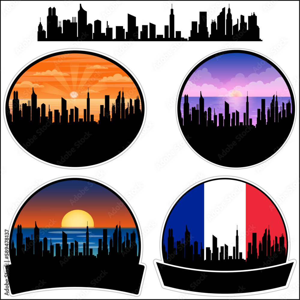 Dole Skyline Silhouette France Flag Travel Souvenir Sticker Sunset Background Vector Illustration SVG EPS AI