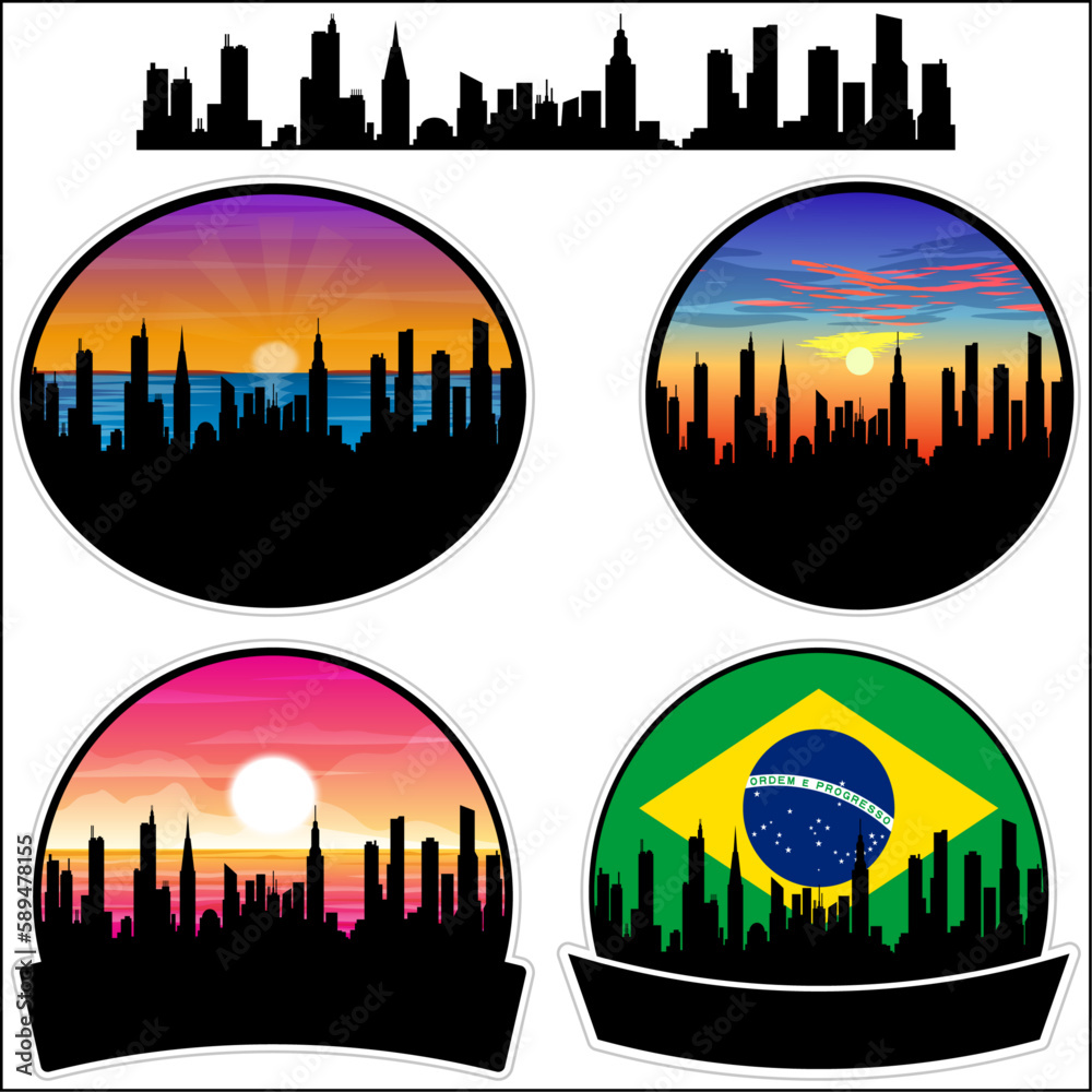 Guanhaes Skyline Silhouette Brazil Flag Travel Souvenir Sticker Sunset Background Vector Illustration SVG EPS AI