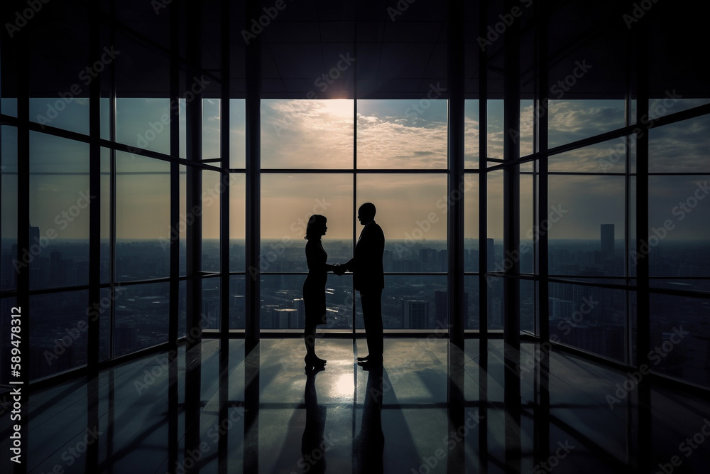 Sihouettes of a businessman and a businesswoman shaking hands, closing a deal, in an office building. Generative AI Sihouettes of a businessman and a businesswoman shaking hands, closing a deal, in an office building. Generative AI