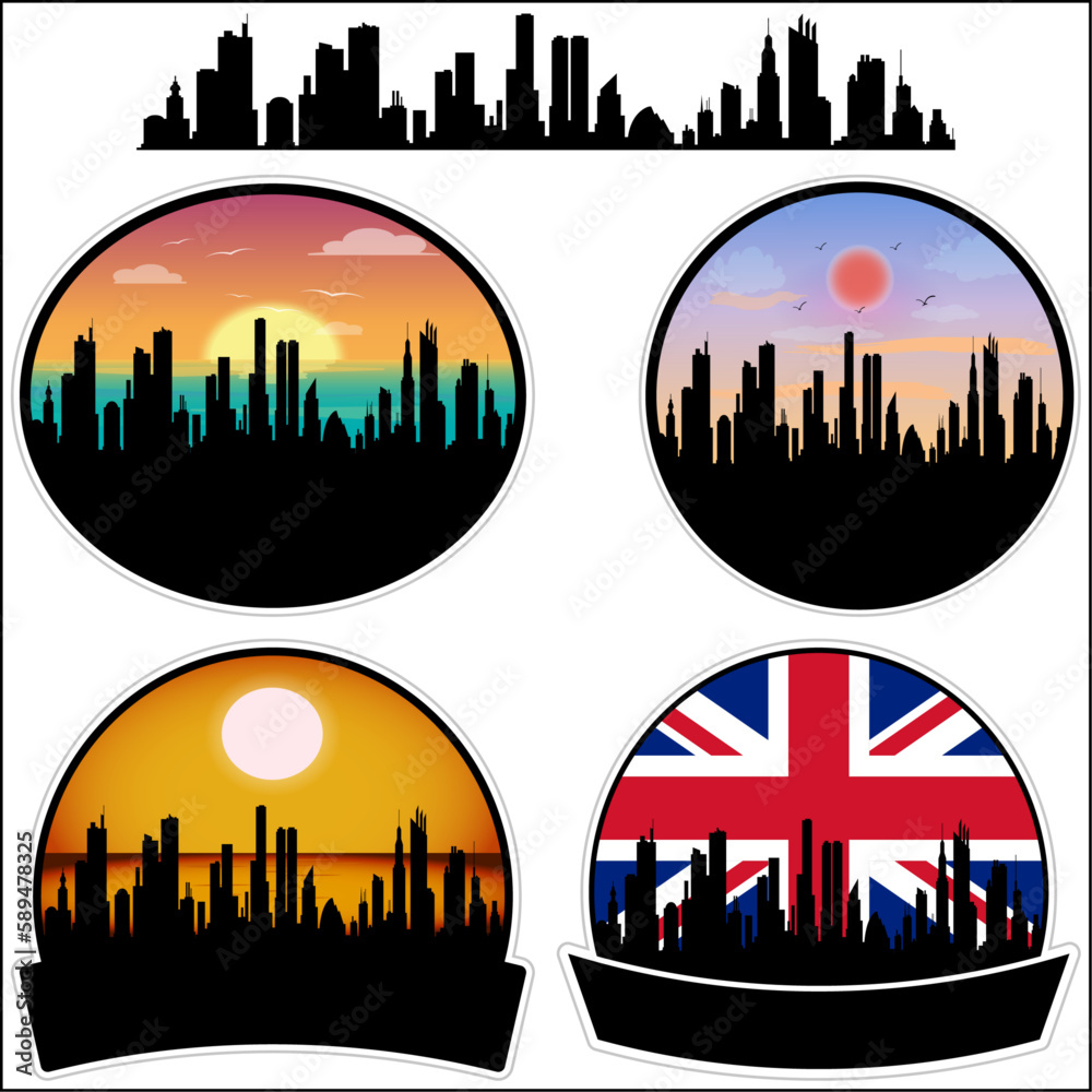 Gosforth Skyline Silhouette Uk Flag Travel Souvenir Sticker Sunset Background Vector Illustration SVG EPS AI