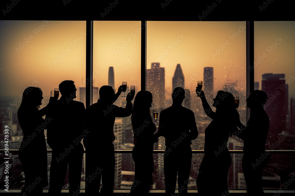 Bsuiness people inside an office, cheering and drinking champagne, silhouette. Generative AI