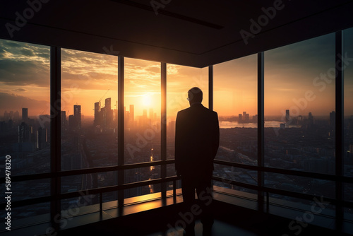 Successfull businessman or CEO in his office, looking through a large window to the busy city at sunset. Bsuiness conceptual illustration. Generative AI © Mihai Zaharia