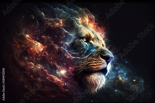 Galaxies in the shape of a lion's face floating in space, Generative Ai