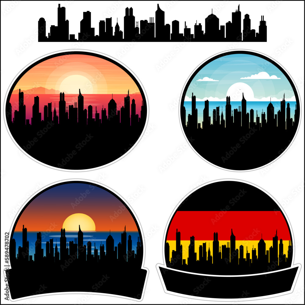 Freudenstadt Skyline Silhouette Germany Flag Travel Souvenir Sticker Sunset Background Vector Illustration SVG EPS AI