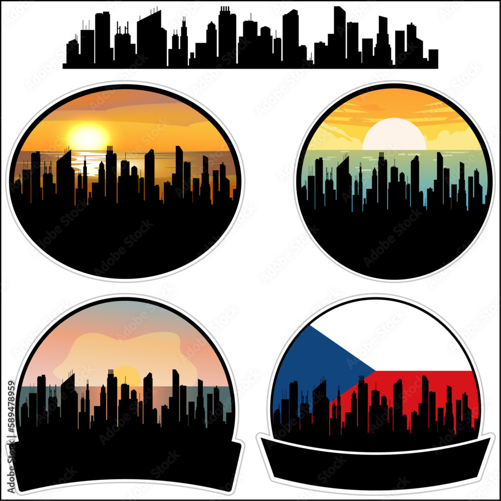 Sokolov Skyline Silhouette Czech Flag Travel Souvenir Sticker Sunset Background Vector Illustration SVG EPS AI