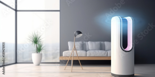 Clean air at home with air purifier and AC control, mockup with stylish living room background. Generative AI