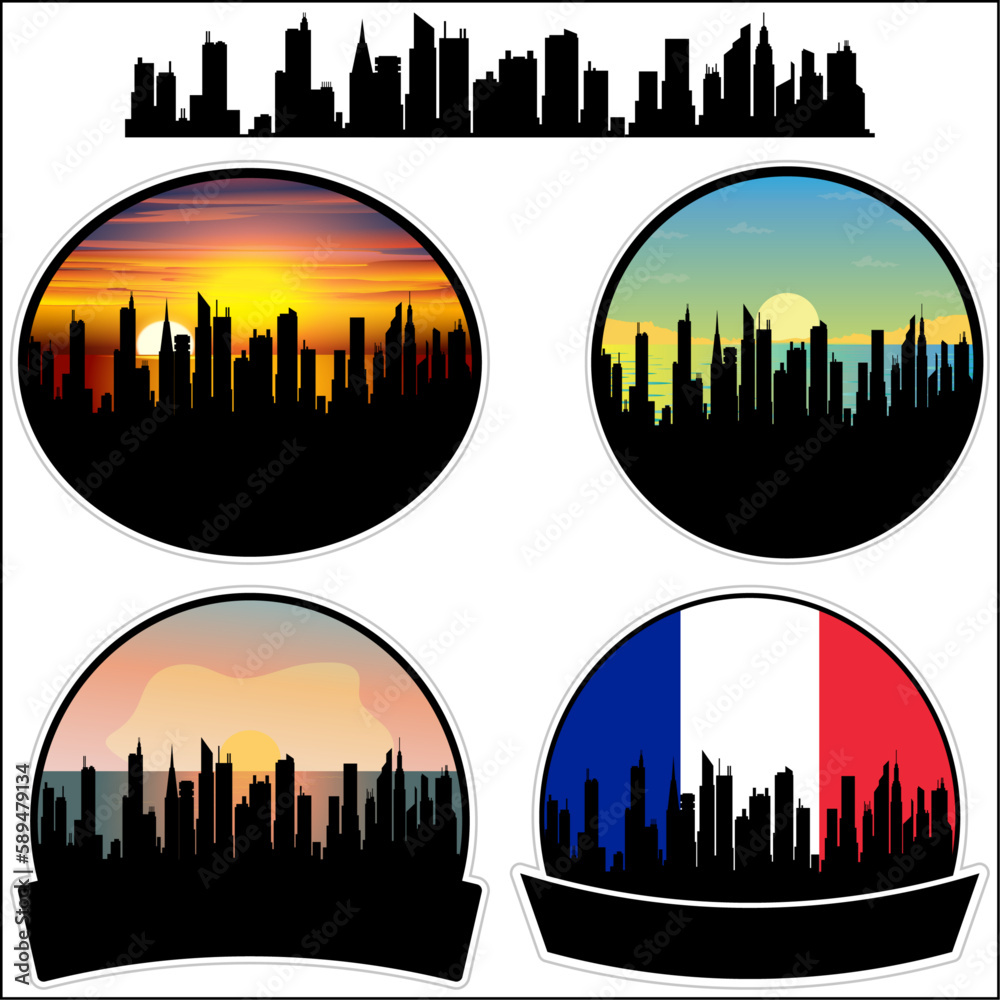 Abbeville Skyline Silhouette France Flag Travel Souvenir Sticker Sunset Background Vector Illustration SVG EPS AI