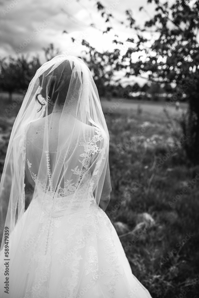 Vertical of the bride in a white dress and a veil standing in a park shot in grayscale Vertical of the bride in a white dress and a veil standing in a park shot in grayscale