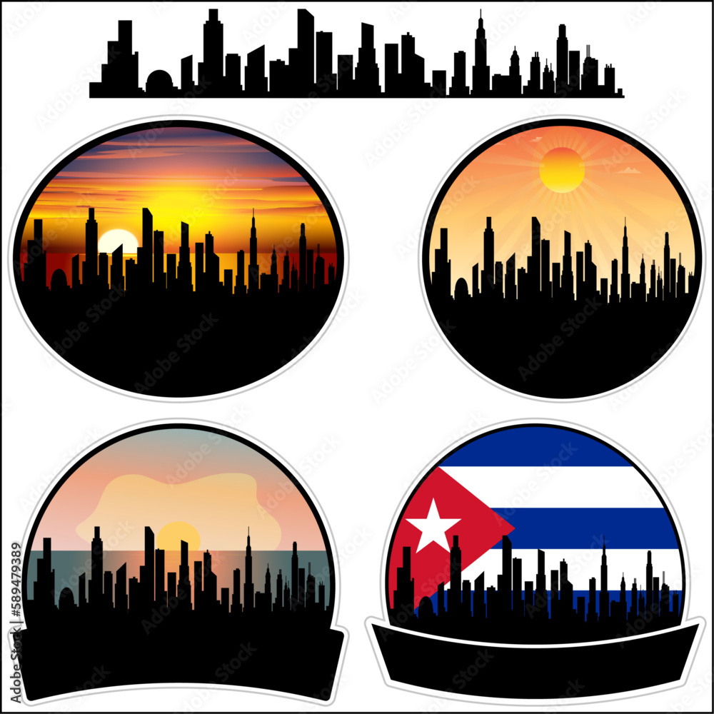 Guanajay Skyline Silhouette Cuba Flag Travel Souvenir Sticker Sunset Background Vector Illustration SVG EPS AI