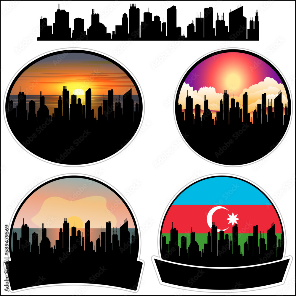 Bilasuvar Skyline Silhouette Azerbaijan Flag Travel Souvenir Sticker Sunset Background Vector Illustration SVG EPS AI