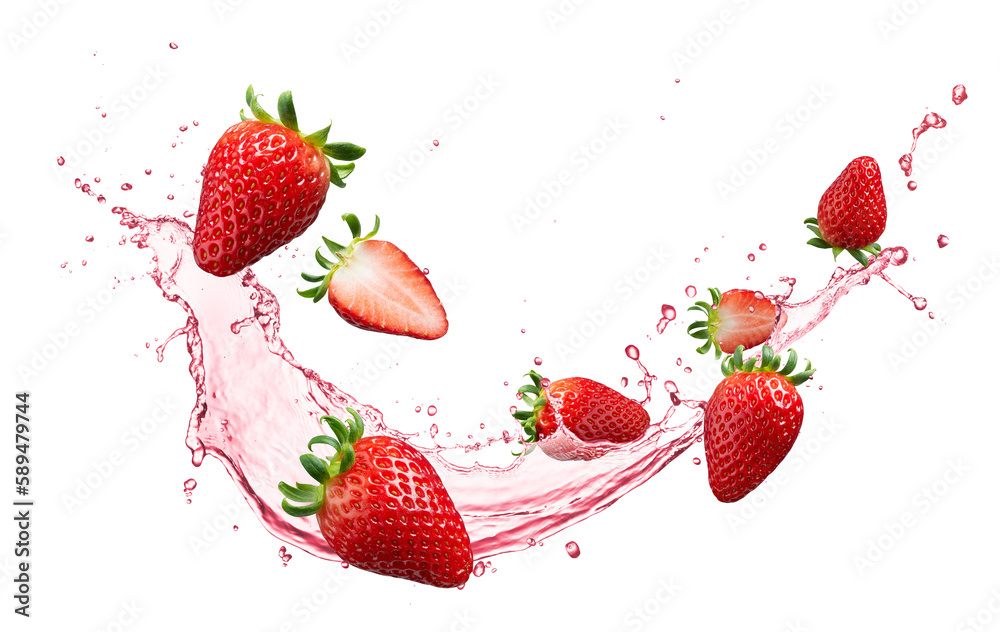 Strawberry juice splashing with its fruits - obrazy, fototapety, plakaty 