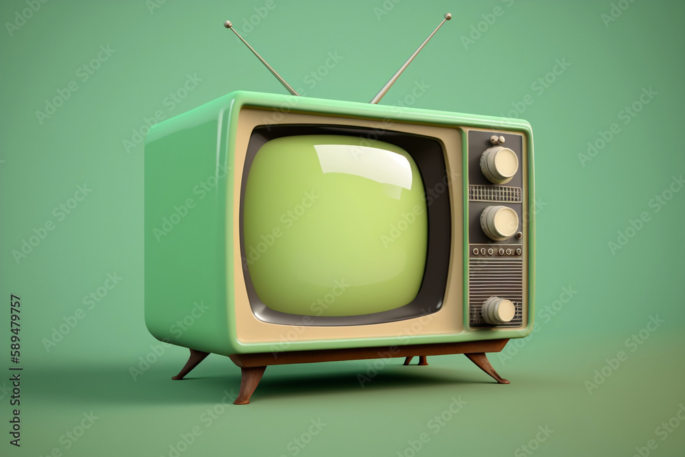 3D retro television set on a light green background, Generative Ai
