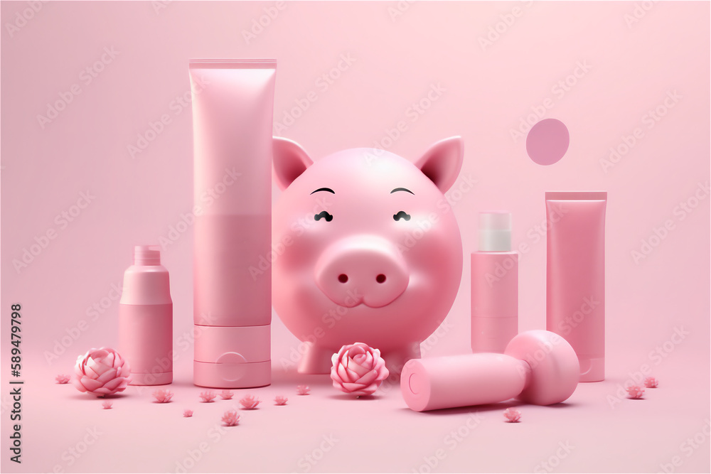 Gender-based marketing and the pink tax. pink colored cosmetic products and piggy bank on a light pink background.generative ai Gender-based marketing and the pink tax. pink colored cosmetic products and piggy bank on a light pink background.generative ai