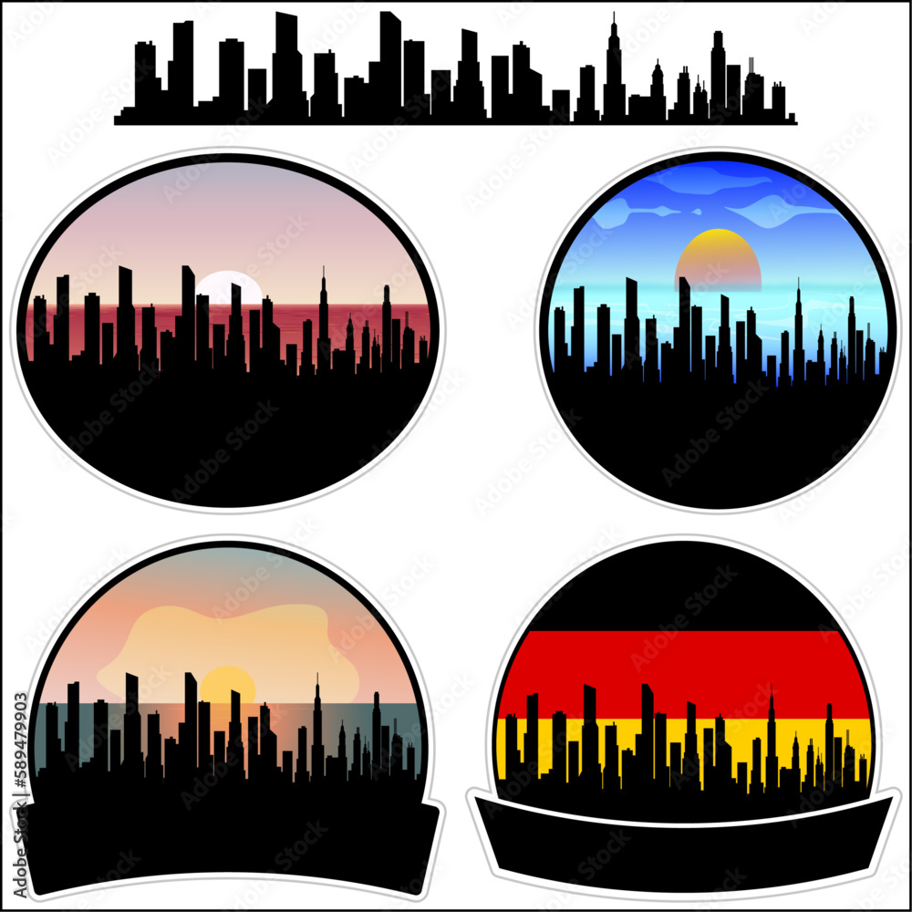 Bad Kissingen Skyline Silhouette Germany Flag Travel Souvenir Sticker Sunset Background Vector Illustration SVG EPS AI