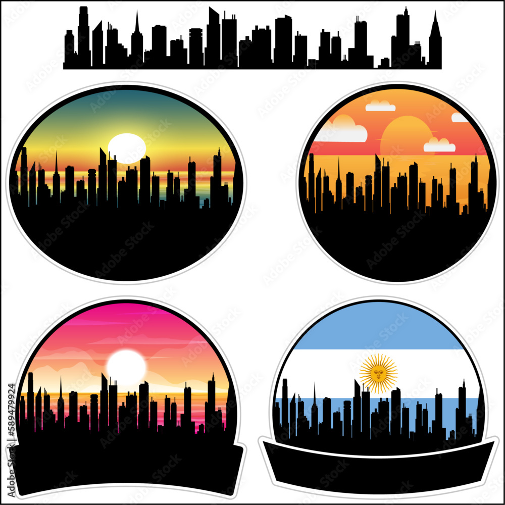 Vicente Lopez Skyline Silhouette Argentina Flag Travel Souvenir Sticker Sunset Background Vector Illustration SVG EPS AI