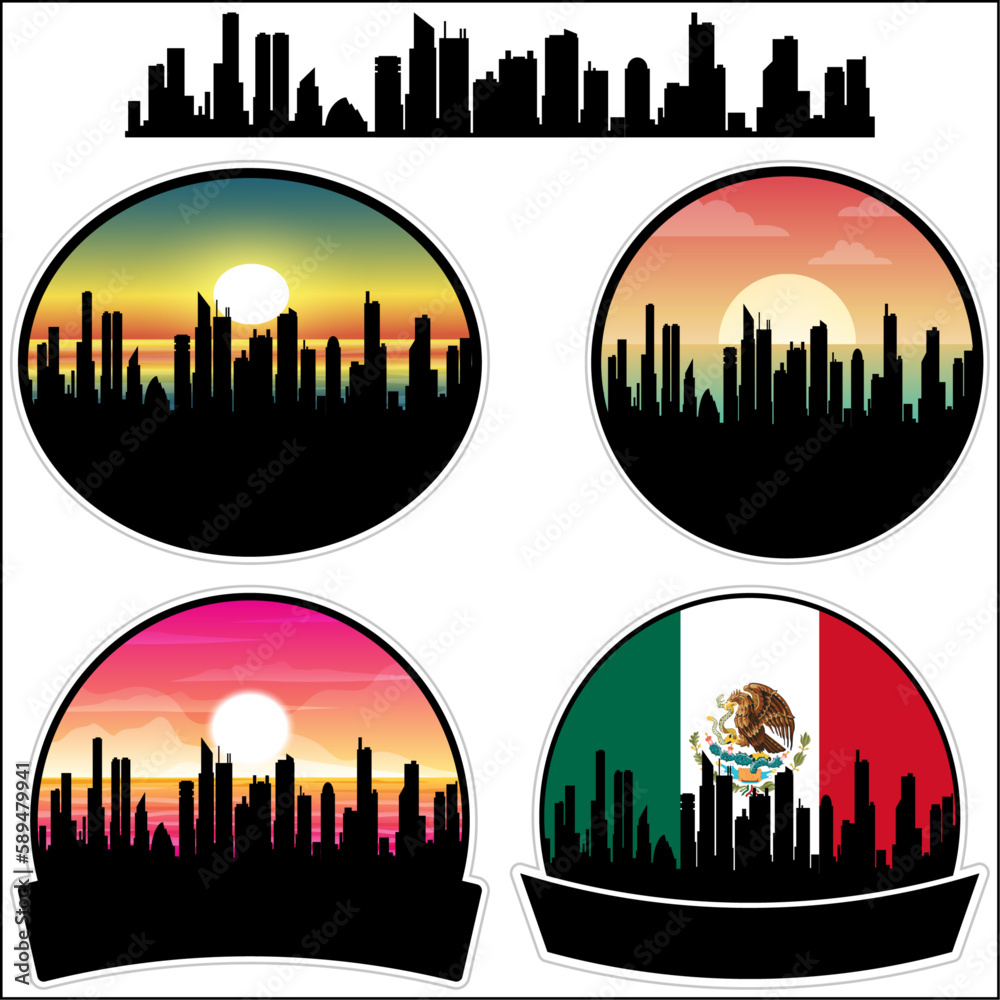 Castanos Skyline Silhouette Mexico Flag Travel Souvenir Sticker Sunset Background Vector Illustration SVG EPS AI