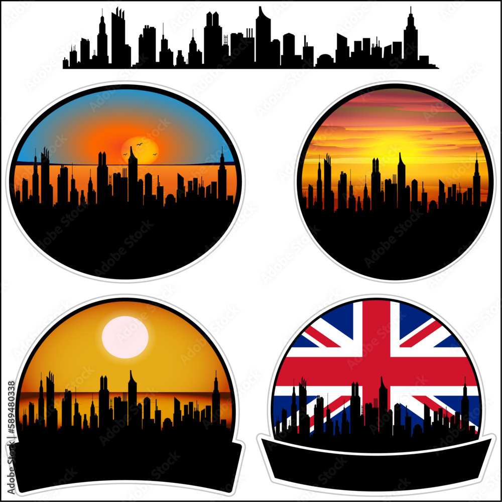 East Retford Skyline Silhouette Uk Flag Travel Souvenir Sticker Sunset Background Vector Illustration SVG EPS AI