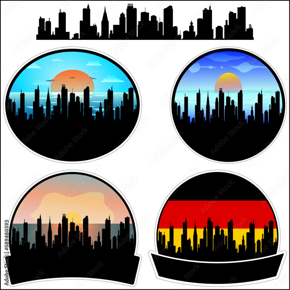 Budingen Skyline Silhouette Germany Flag Travel Souvenir Sticker Sunset Background Vector Illustration SVG EPS AI