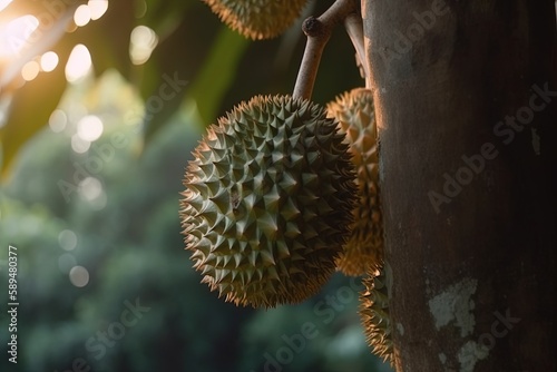 durian in orchard plantation, idea for agricultural and fruitfulness theme concept background wallpaper, Generative Ai