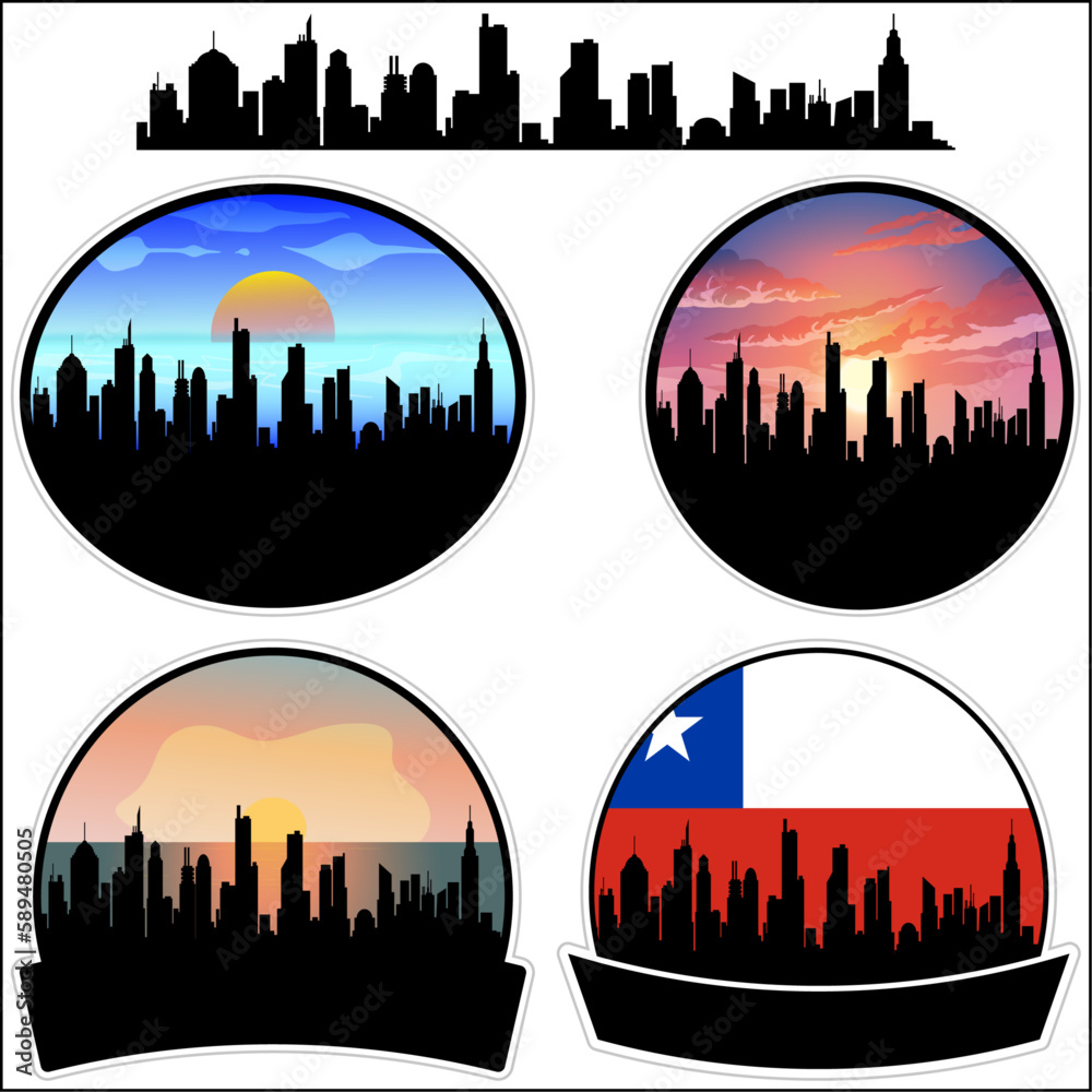 Casablanca Skyline Silhouette Chile Flag Travel Souvenir Sticker Sunset Background Vector Illustration SVG EPS AI
