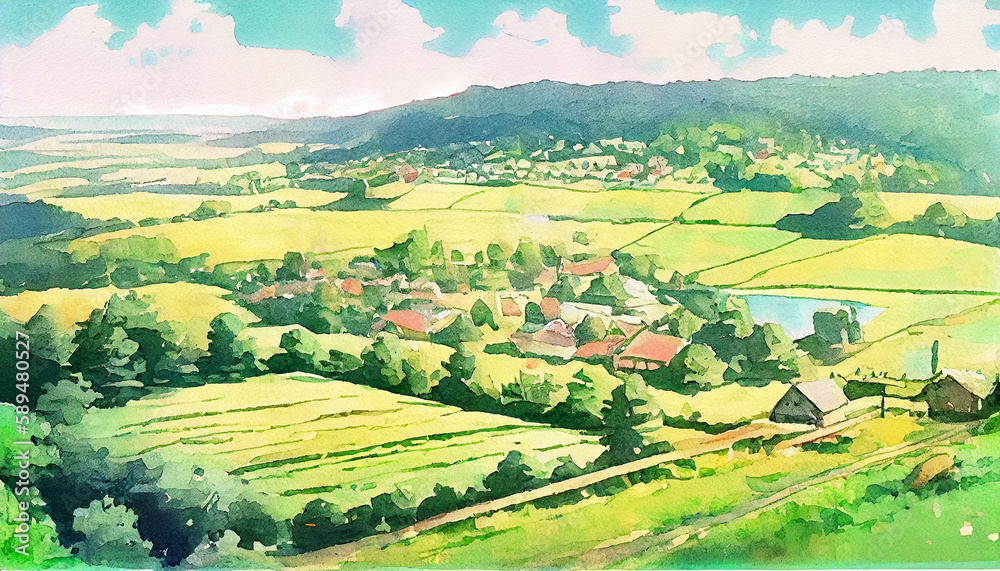 A charming illustration of a green village surrounded by lush gardens, creating a peaceful and idyllic scene, generative ai