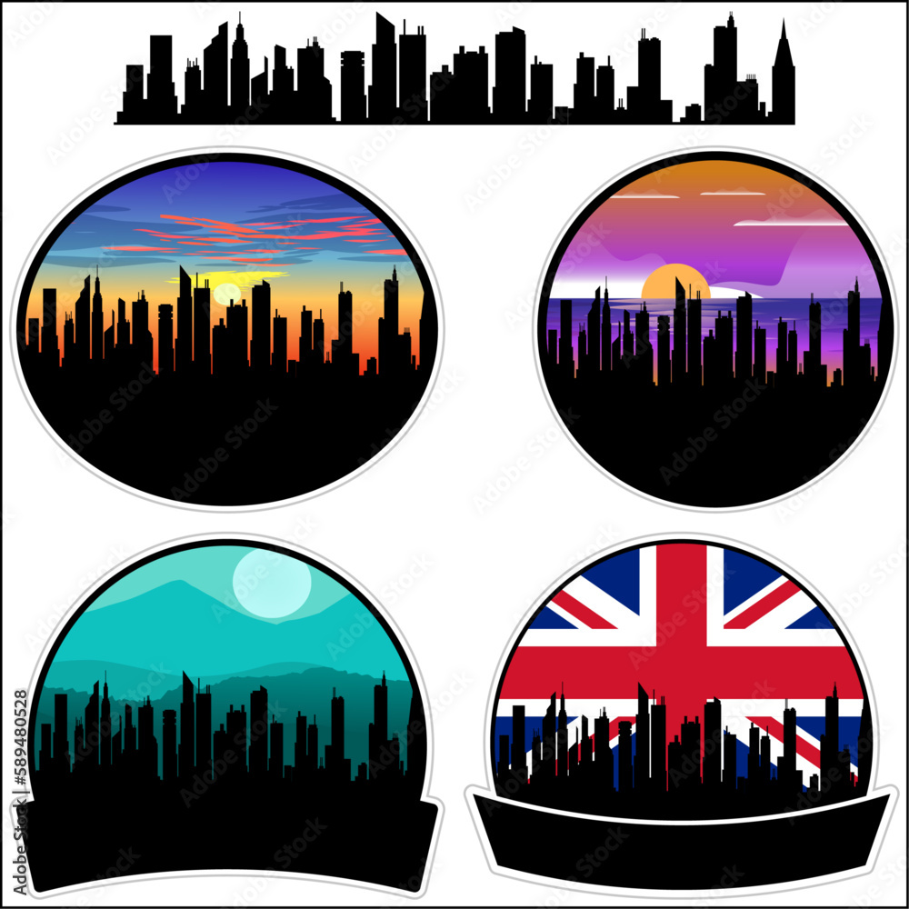 Renfrew Skyline Silhouette Uk Flag Travel Souvenir Sticker Sunset Background Vector Illustration SVG EPS AI