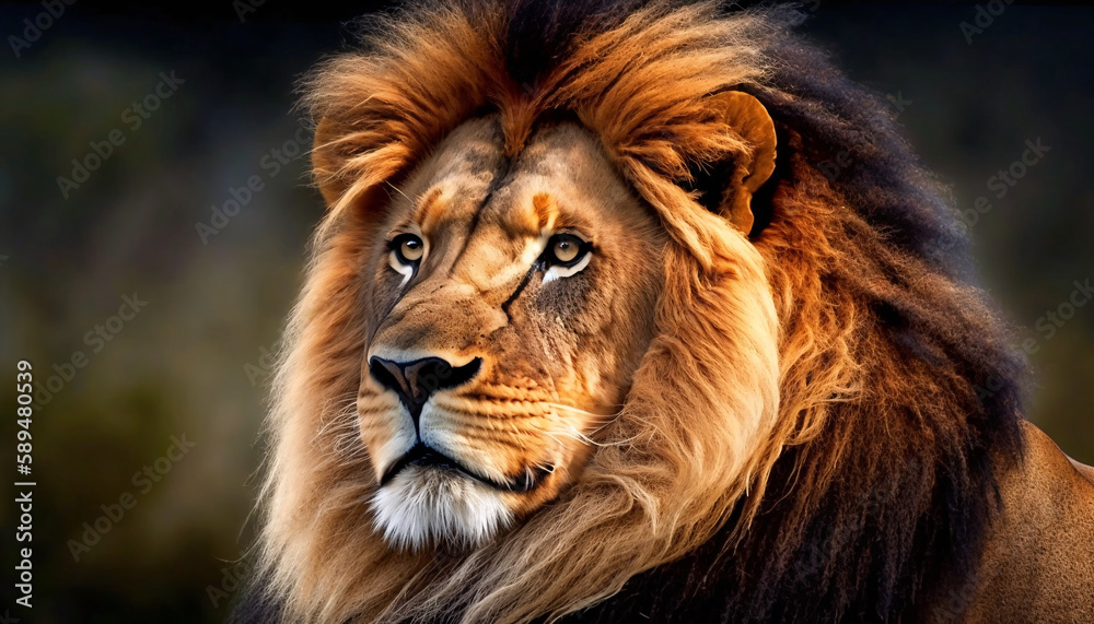 A close-up of a powerful and majestic lion, watching with its fierce eyes.